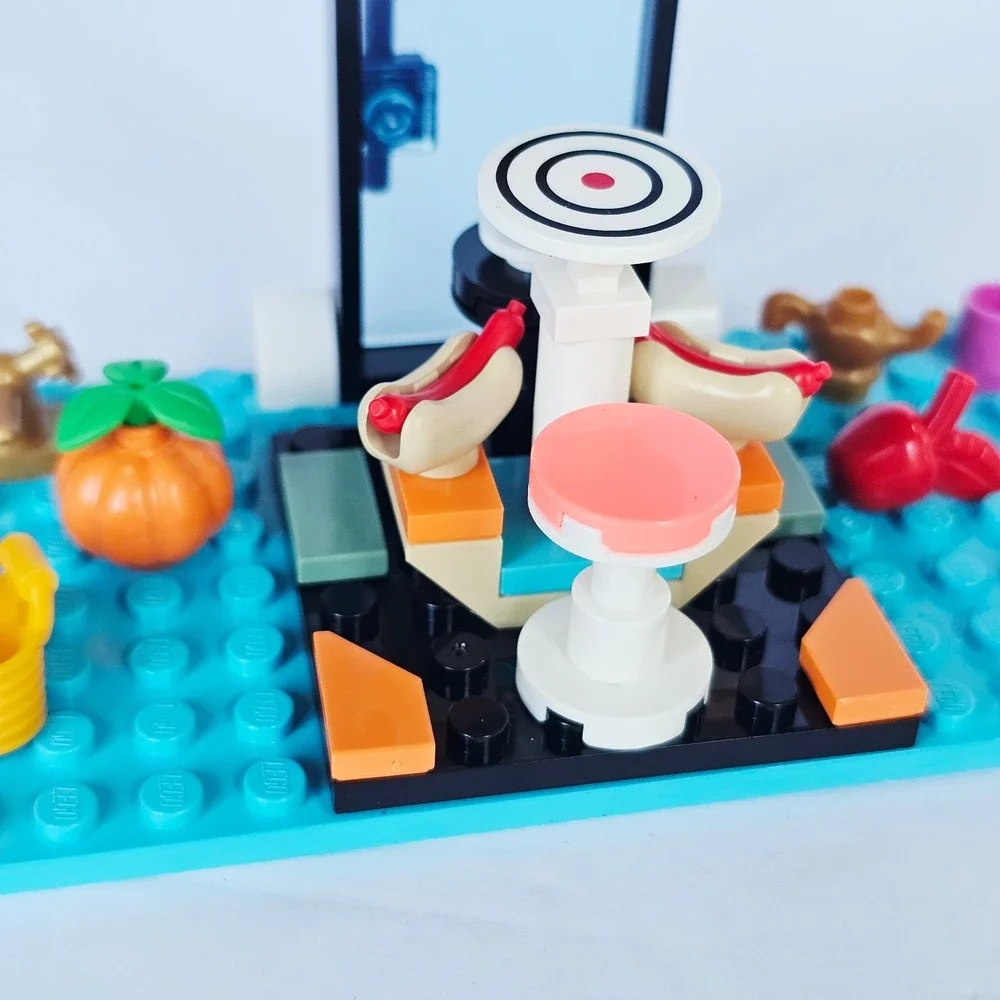 LEGO Custom Food Stand Cafe Baseplate with Hot Dogs Pretzel Fruit Accessories